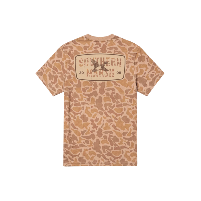 A short-sleeve t-shirt with a tan and brown camouflage pattern, featuring a large graphic print on the back with the text 'SOUTHERN MEATS' and a bird logo.