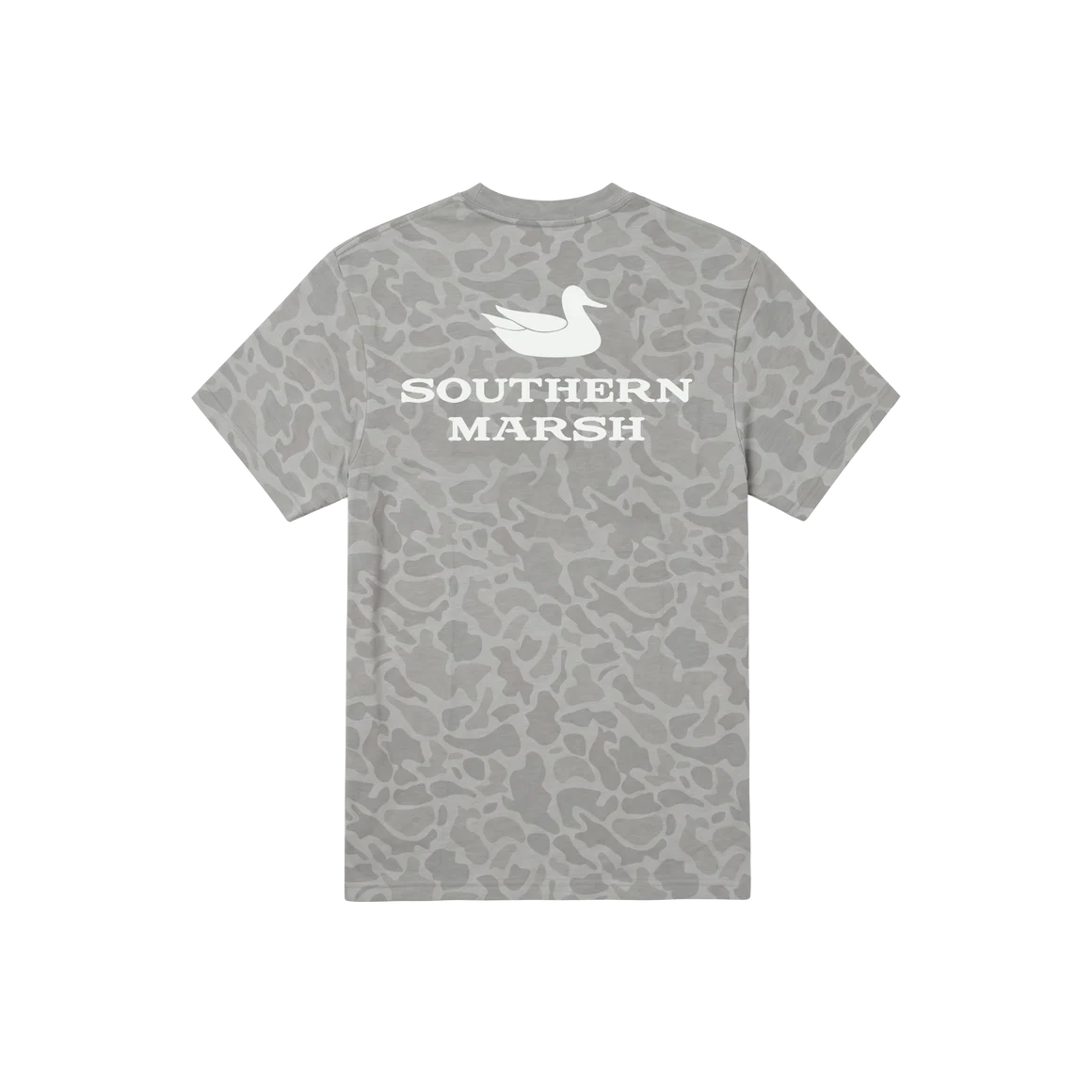 A gray short-sleeve t-shirt with a subtle gray camouflage pattern, featuring a white duck logo and the text 'SOUTHERN MARSH' printed on the chest, displayed against a solid white background.