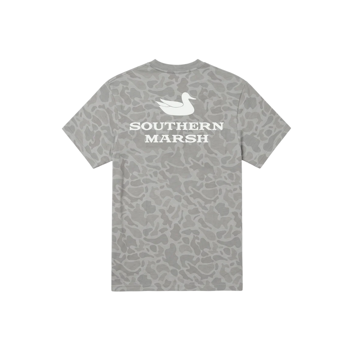 A gray short-sleeve t-shirt with a subtle gray camouflage pattern, featuring a white duck logo and the text 'SOUTHERN MARSH' printed on the chest, displayed against a solid white background.