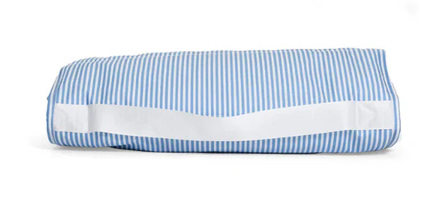 A folded bedding item, likely a duvet cover or comforter, featuring a light blue and white vertical stripe pattern with a solid white horizontal band across the middle, shown on a plain white background.