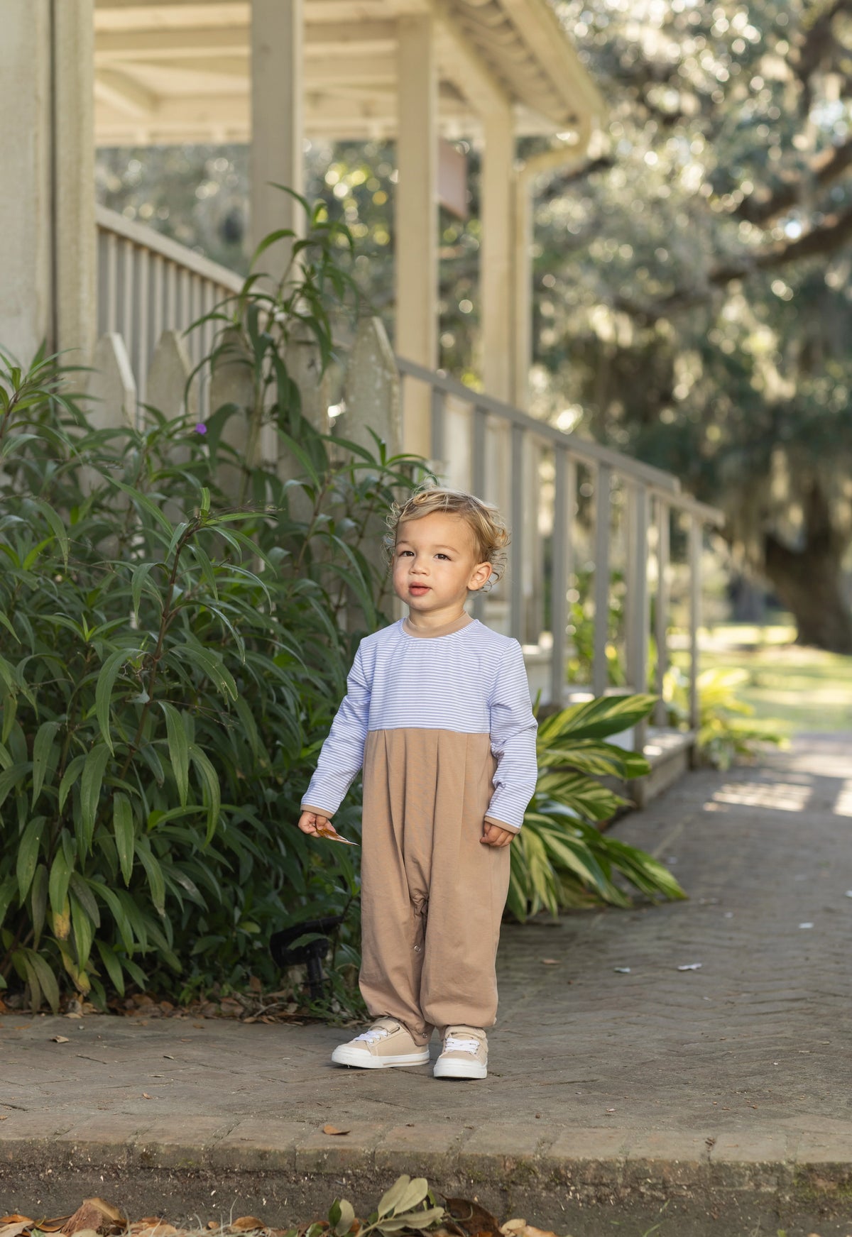 Preston Romper Dusty Blue Stripe/Brown