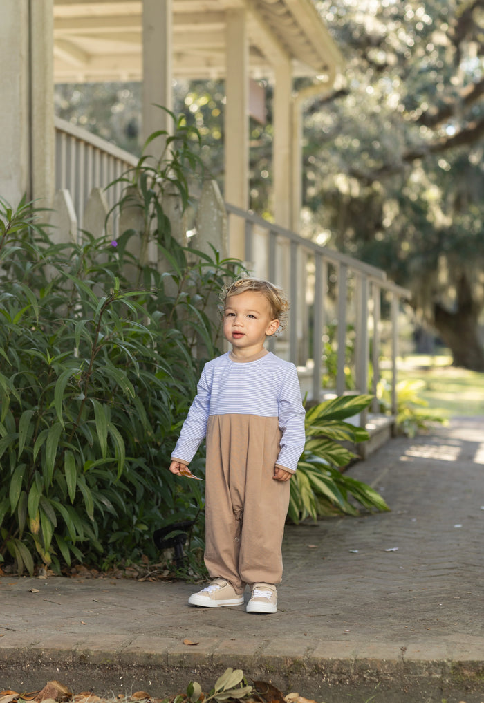 Preston Romper Dusty Blue Stripe/Brown
