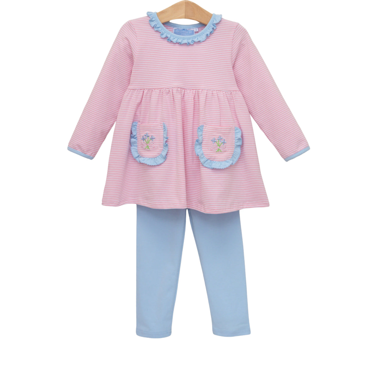Pink and blue children's outfit with a dress and leggings on a white background