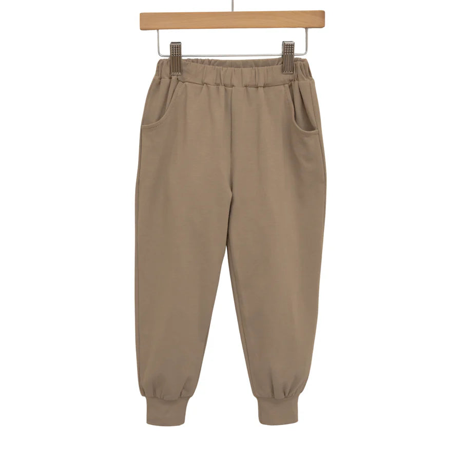 Beige sweatpants on a wooden hanger against a white background