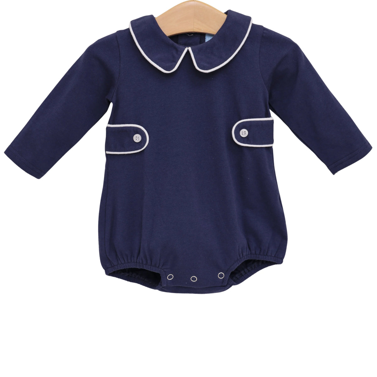 Navy blue baby romper with white trim