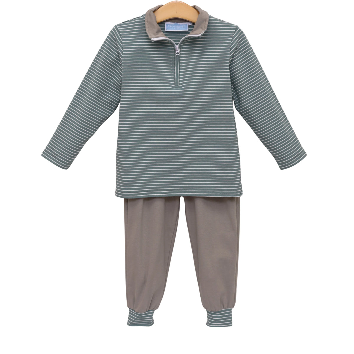 A two-piece children's outfit set. The set includes a long-sleeve quarter-zip pullover top with thin horizontal stripes in gray and white, and matching gray pants with striped cuffs.