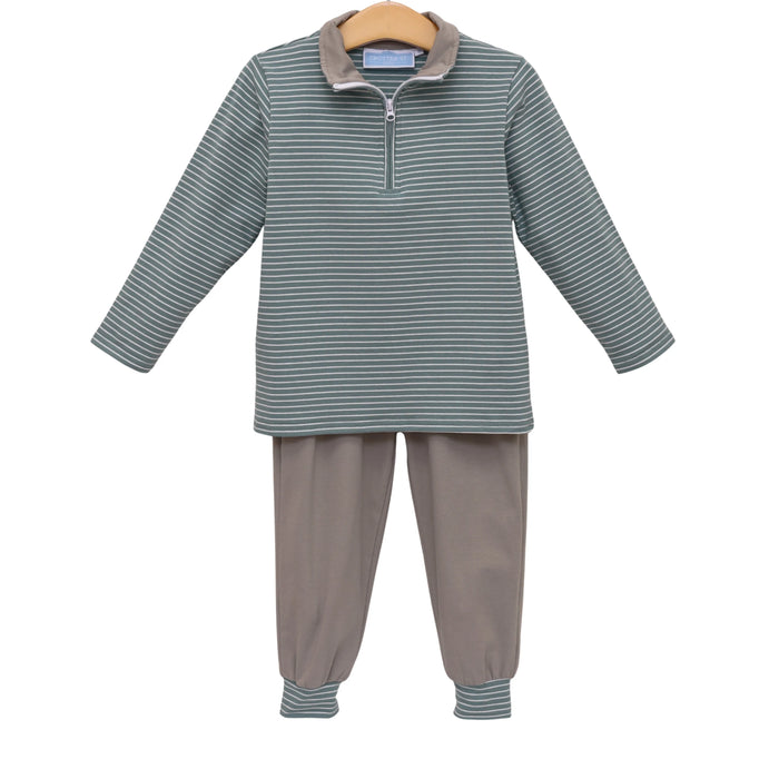 A two-piece children's outfit set. The set includes a long-sleeve quarter-zip pullover top with thin horizontal stripes in gray and white, and matching gray pants with striped cuffs.