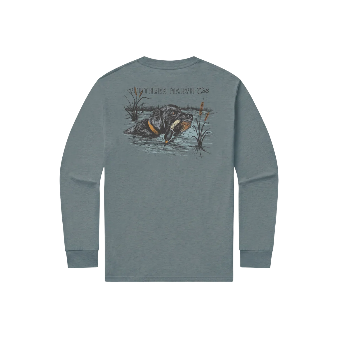 A long-sleeve t-shirt in a muted slate blue-gray color, shown from the back. The back features a large graphic print of a marsh rat in water with reeds, and the text 'SOUTHEEN MARN CAT' printed above it.