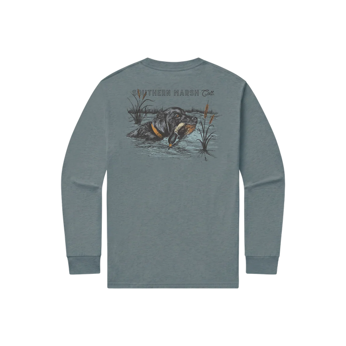A long-sleeve t-shirt in a muted slate blue-gray color, shown from the back. The back features a large graphic print of a marsh rat in water with reeds, and the text 'SOUTHEEN MARN CAT' printed above it.