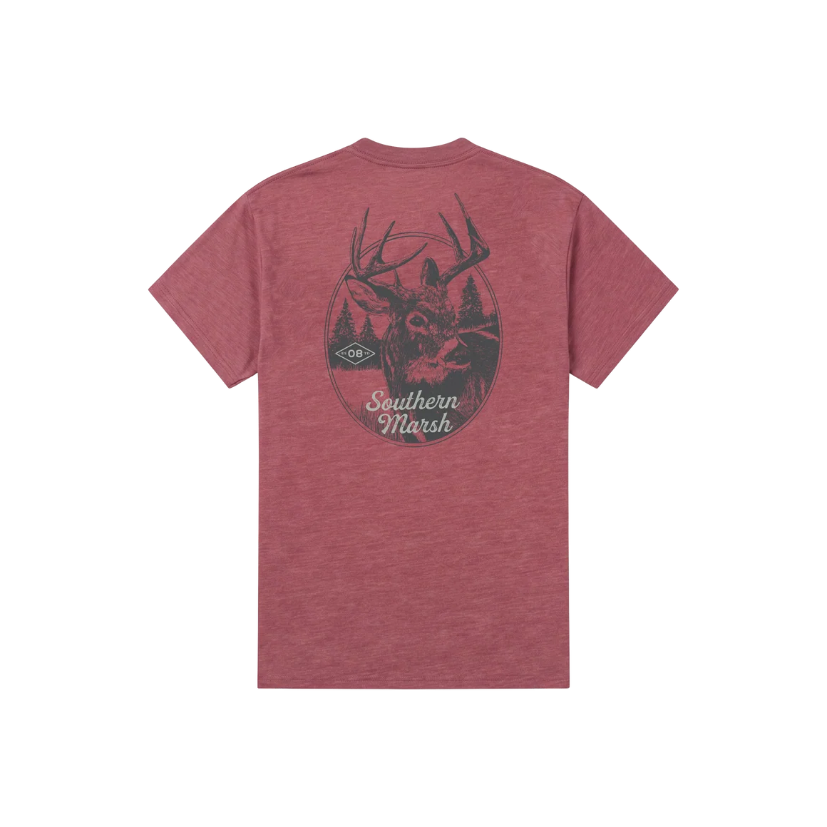 A heathered dusty rose short-sleeve t-shirt shown from the back, featuring a circular graphic of a deer head with antlers and the text 'Southern Marsh' in dark gray.
