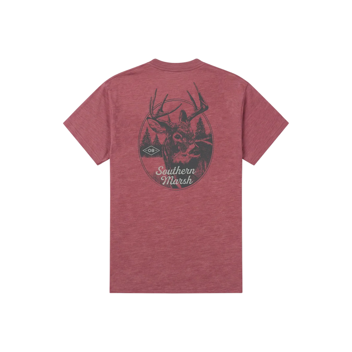 A heathered dusty rose short-sleeve t-shirt shown from the back, featuring a circular graphic of a deer head with antlers and the text 'Southern Marsh' in dark gray.