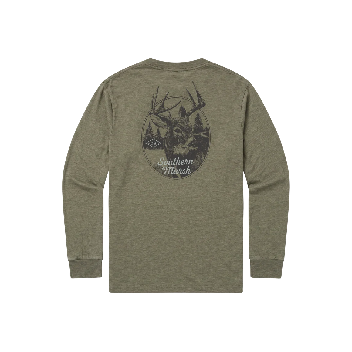 An olive green long-sleeve t-shirt shown from the back, featuring a dark gray graphic of a deer head with antlers inside a circular forest design, with the text 'Southern March' and a small 'SM' logo.