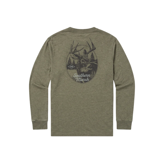 An olive green long-sleeve t-shirt shown from the back, featuring a dark gray graphic of a deer head with antlers inside a circular forest design, with the text 'Southern March' and a small 'SM' logo.