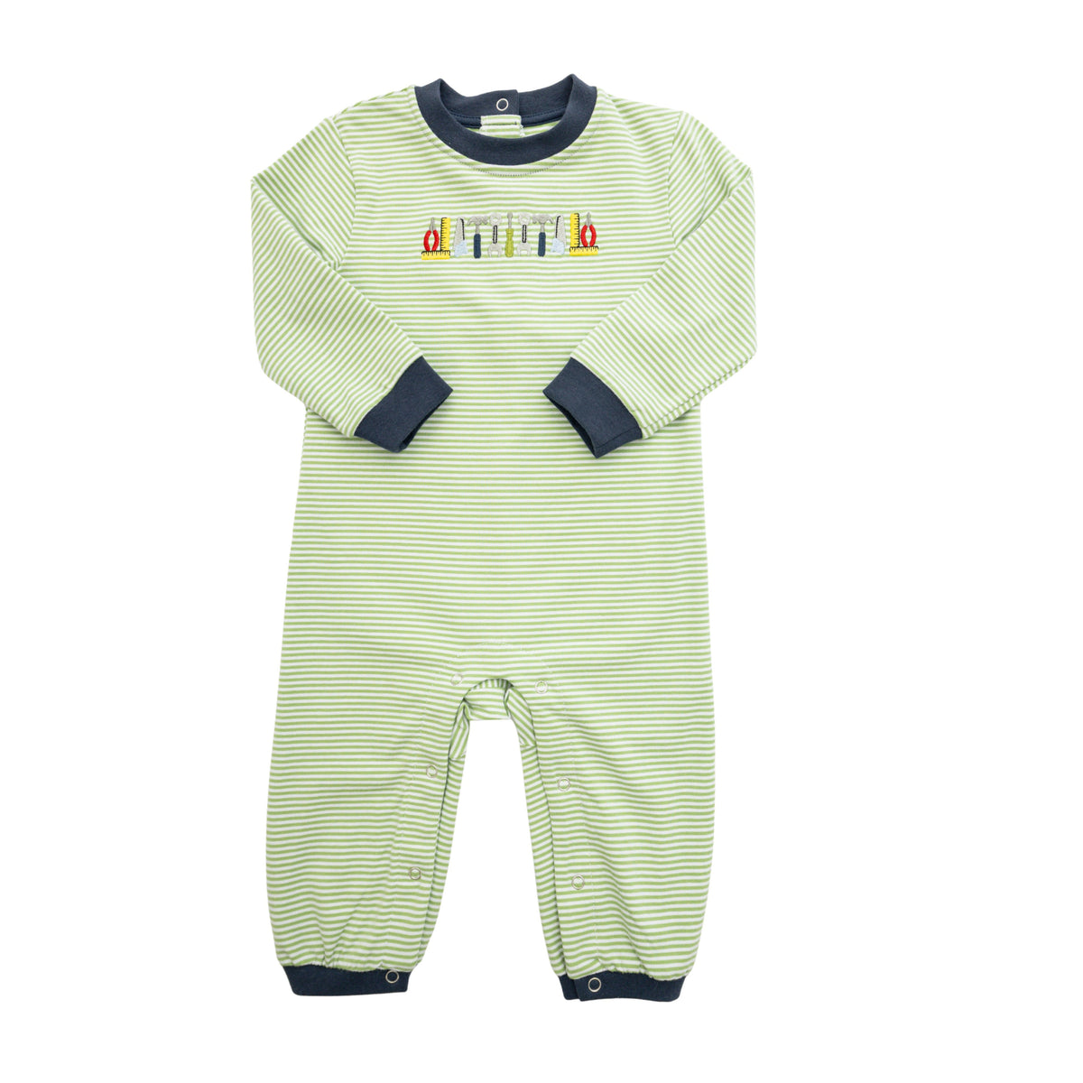 Green striped baby onesie with colorful text on a white background