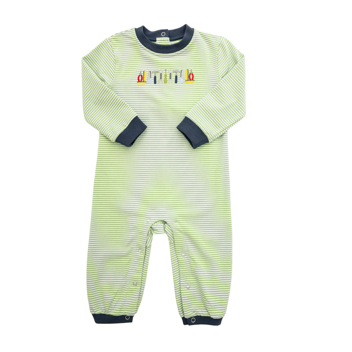 Green striped baby onesie with colorful text on a white background