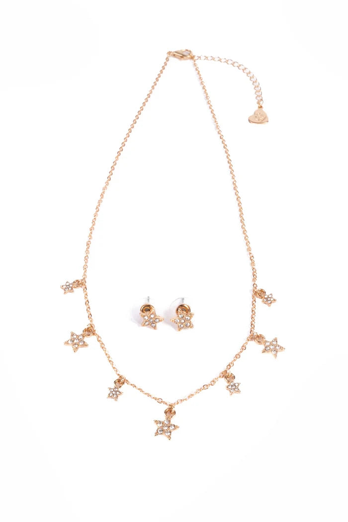 Rose gold necklace and earrings set on a white background