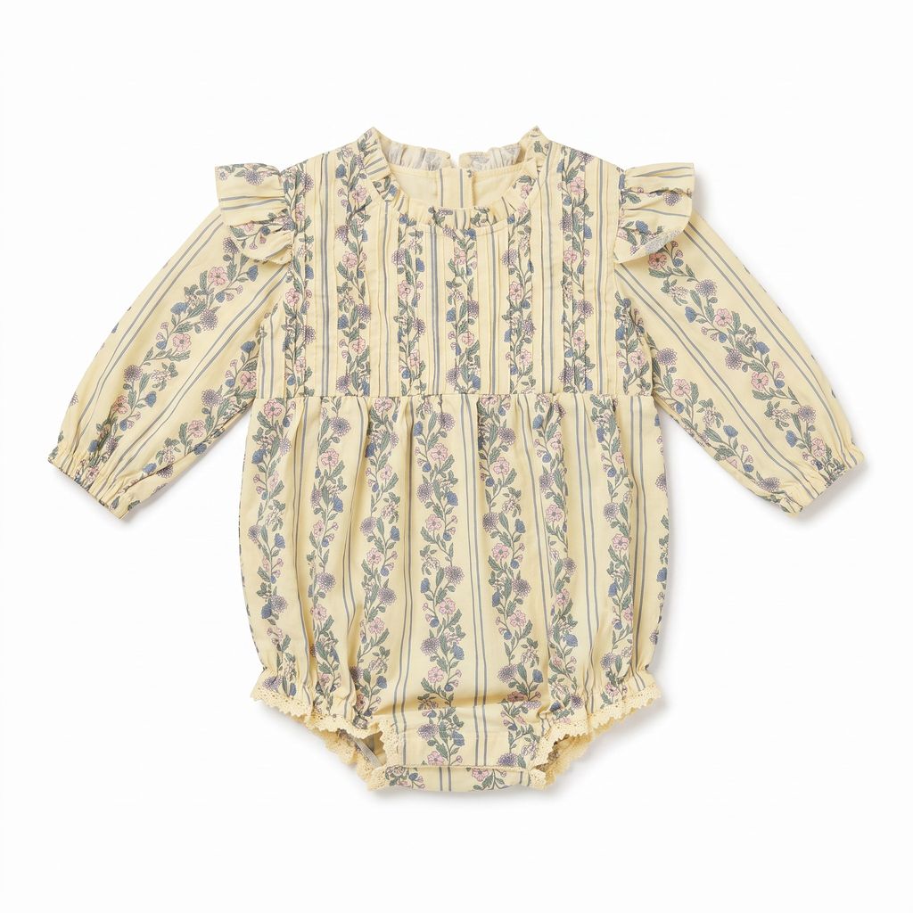 A long-sleeve baby romper in a pale yellowish-beige fabric with vertical stripes and a pink and green floral print, featuring ruffled shoulders and a ruffled leg opening.