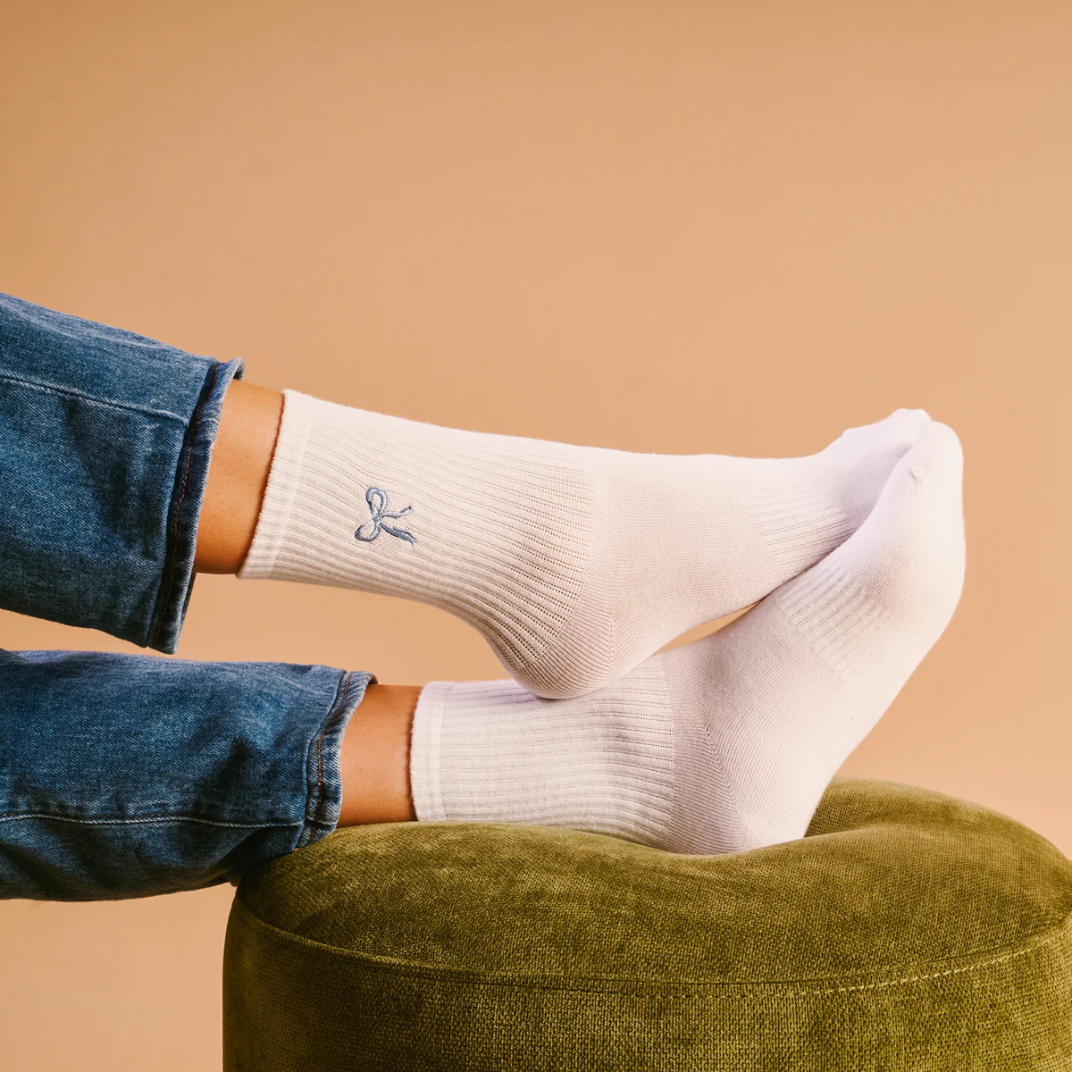 EMBROIDERED CREW SOCKS BLUE BOW