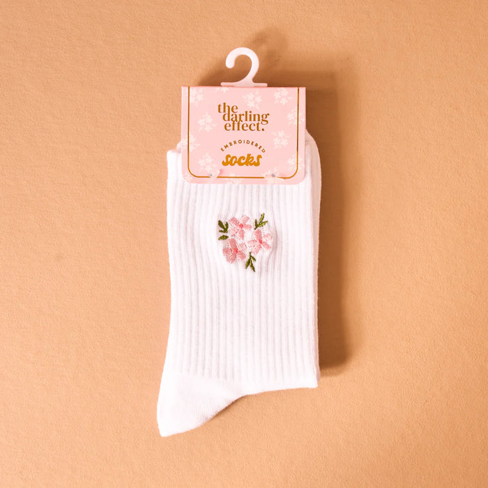 EMBROIDERED CREW SOCKS FLORAL PINK