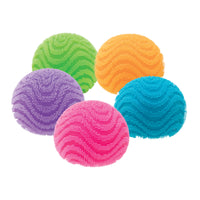 Five colorful scrubber pads on a white background