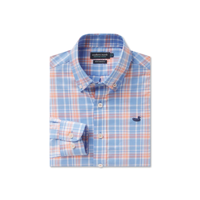 SOUTHERN MARSH GRAINGER PERFORMANCE PLAID DRESS SHIRT FRENCH BLUE & PEACH