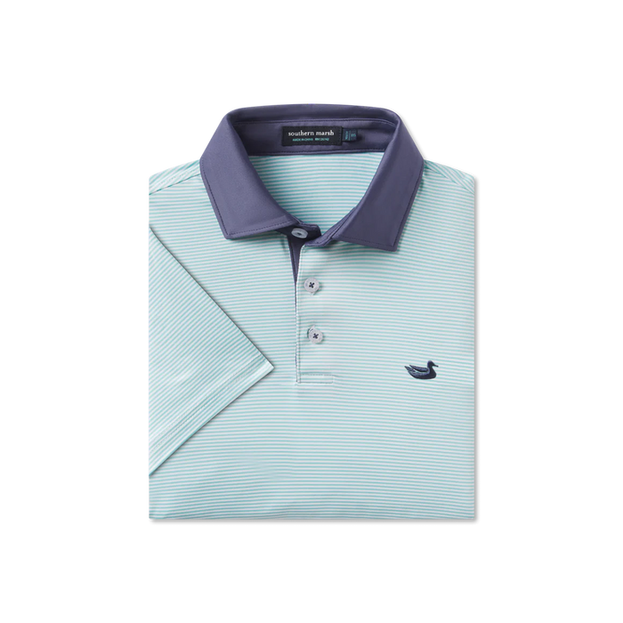 SOUTHERN MARSH BERMUDA PERFORMANCE POLO HAMPTON STRIPE BLUE AND WHITE