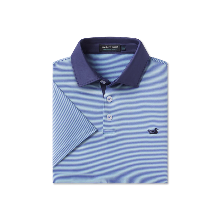 SOUTHERN MARSH BERMUDA PERFORMANCE POLO HAMPTON STRIPE DARK BLUE BONNET & ANTIGUA BLUE