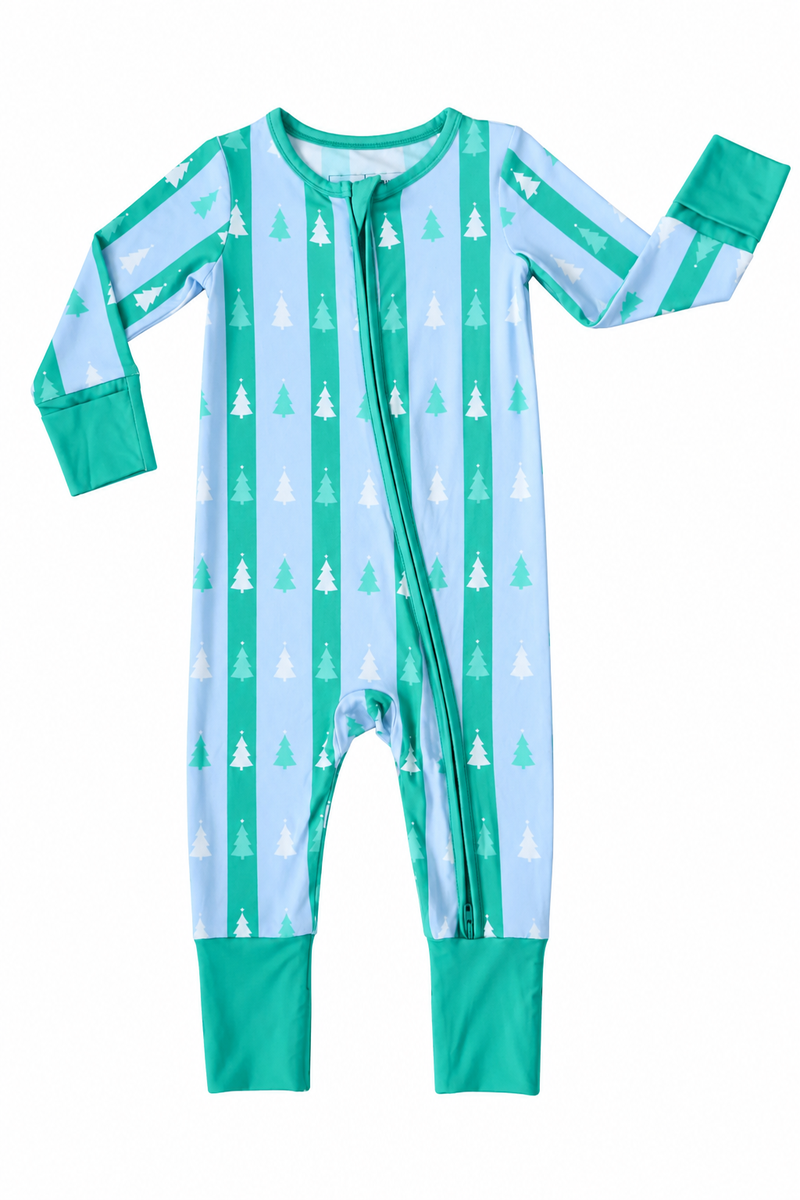 A baby long-sleeve footless one-piece sleeper with a front zipper, featuring vertical stripes of mint green and light blue with a repeating white Christmas tree pattern, set against a plain white background.
