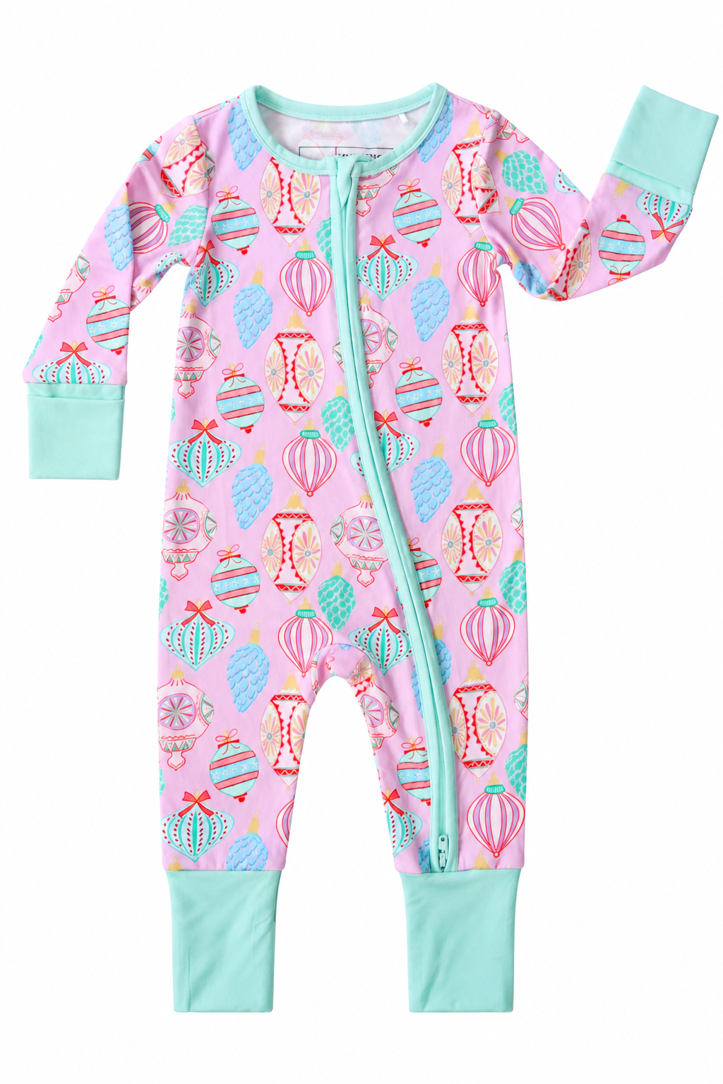 A baby long-sleeve footless one-piece sleeper with a pink background and a colorful Christmas ornament pattern, featuring mint green cuffs and a front zipper.
