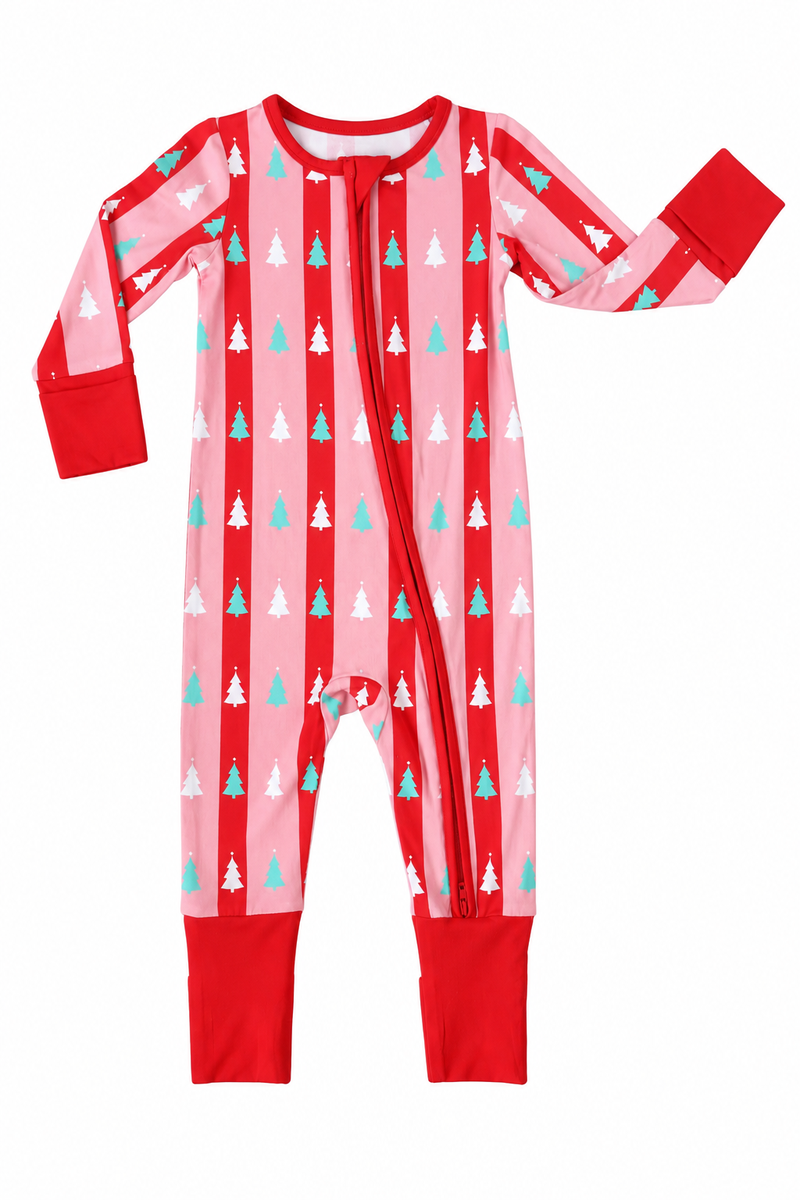 A baby long-sleeve footless one-piece sleeper with a festive holiday print. The design features vertical pink and red stripes with small white pine trees and light blue-green Christmas trees, finished with solid red cuffs and leg bands.