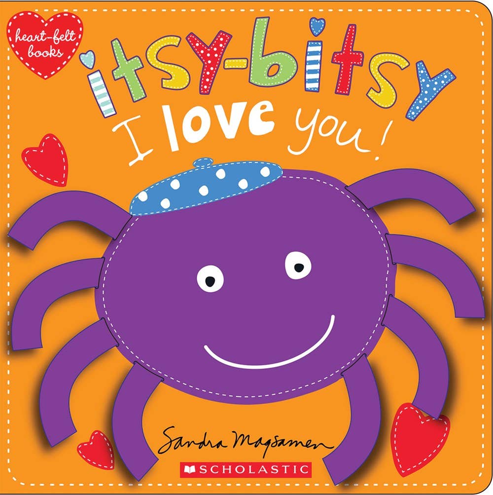 Children's book cover with a purple spider and colorful text on an orange background