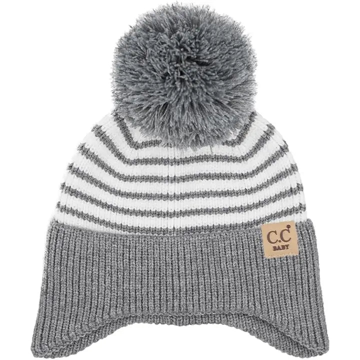 INFANT POM STRIPED EARFLAP BEANIE GREY/WHITE
