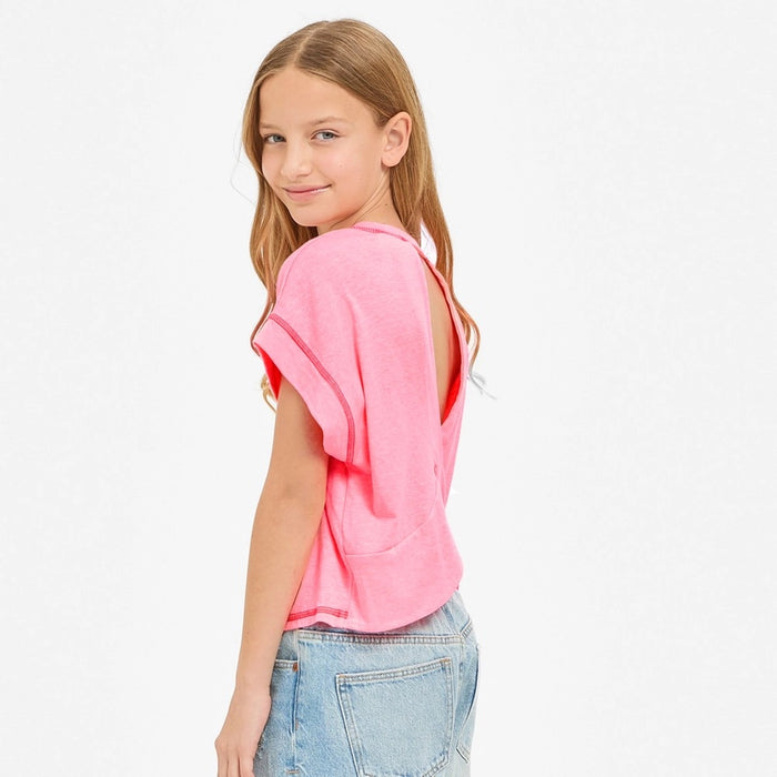 GOOD GIRL OVERLAP OPEN BACK REVERSE STITCHED TOP NEON PINK