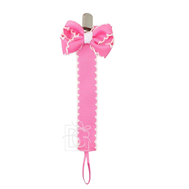 BEYOND CREATIONS CROCHET EDGE PACIFIER CLIP WITH DETACHABLE BOW HOT PINK WITH WHITE
