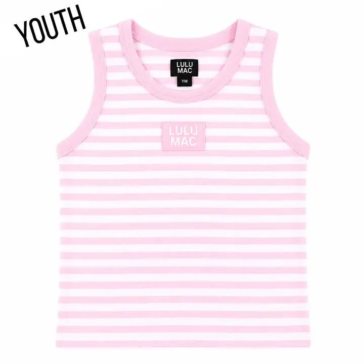 A pink and white striped sleeveless tank top for youth, featuring a small pink patch on the chest with the text 'LULU MAC' and a black neck label. The word 'YOUTH' is printed in black in the top-left corner.