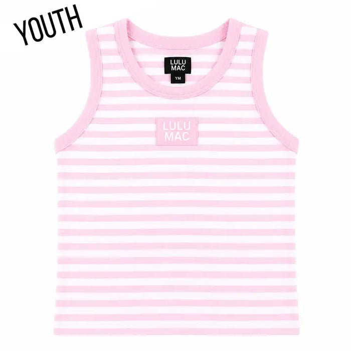 A pink and white striped sleeveless tank top for youth, featuring a small pink patch on the chest with the text 'LULU MAC' and a black neck label. The word 'YOUTH' is printed in black in the top-left corner.
