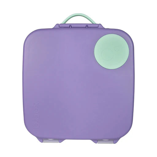 Purple suitcase with a green handle and circular accent on a white background