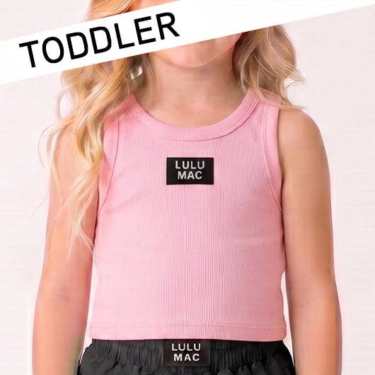 Child wearing a pink sleeveless top with Lulu Mac branding on a white background