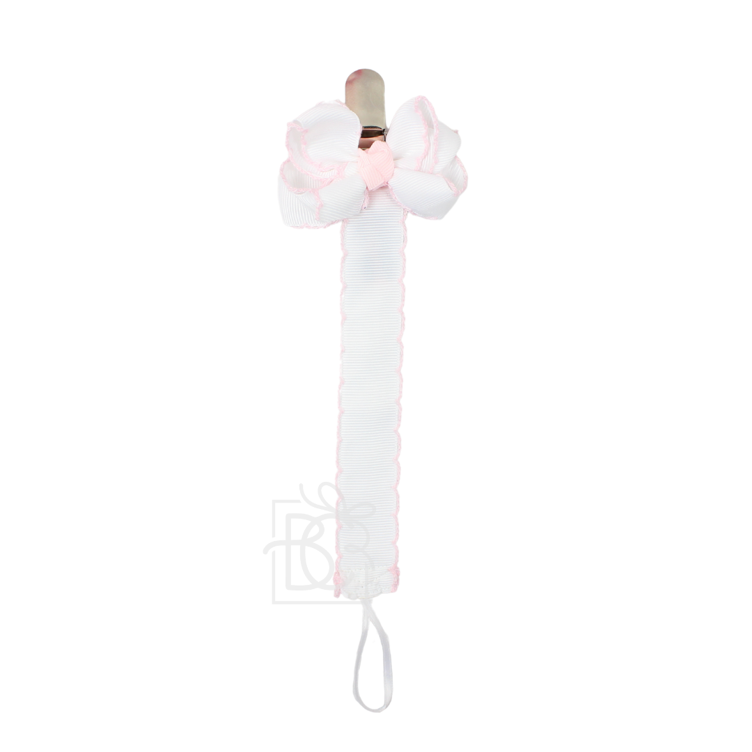 Crochet Edge Paci Clip White W/Light Pink