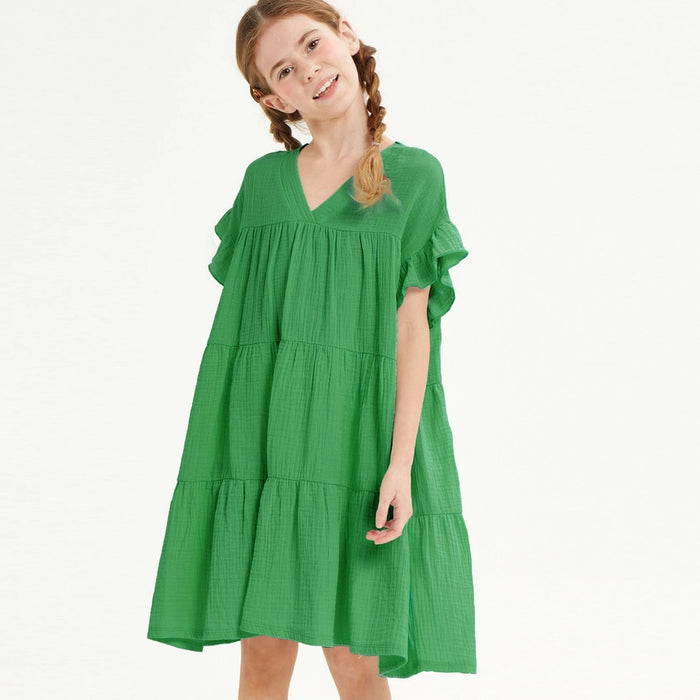 GOOD GIRL RUFFLE SLEEVES TIERED DRESS KELLY GREEN