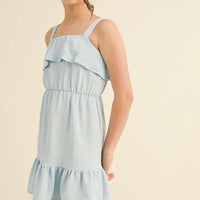 HEART & ARROW STRAPPY RUFFLE DRESS BLUE