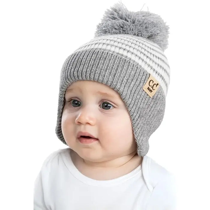 INFANT POM STRIPED EARFLAP BEANIE GREY/WHITE