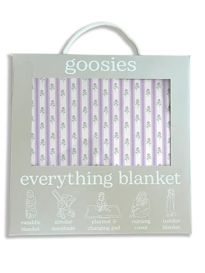 A packaged baby blanket set in a pale sage green box with a white carrying handle. The box reads 'goosies everything blanket' and shows a window with lavender and white striped blankets with a small floral print.