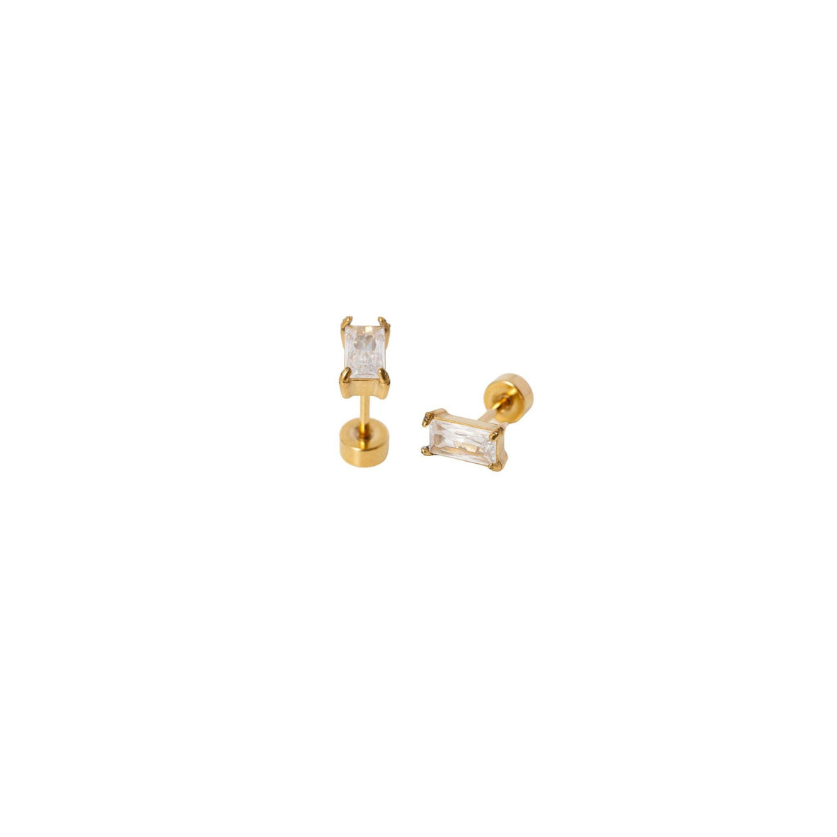 A pair of gold stud earrings with rectangular clear baguette-cut gemstones, shown from two angles on a plain white background.