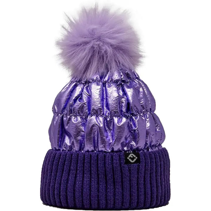 KIDS FAUX FUR PUFFER POM BEANIE  PURPLE