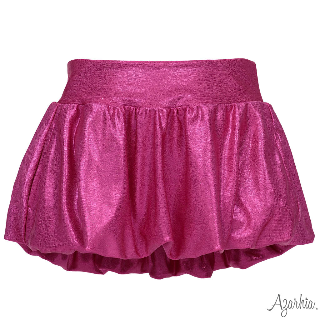 A shiny magenta pink ruffled mini skirt with a wide elastic waistband, shown against a plain white background.