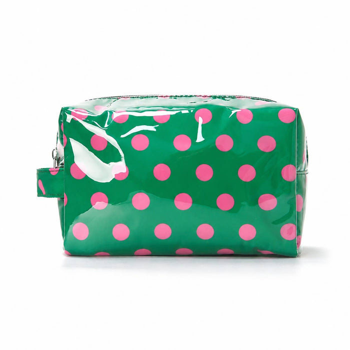 A glossy green cosmetic pouch with pink polka dots and a white abstract graphic, shown on a plain white background.