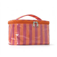 A striped cosmetic bag in fuchsia orange and pink with a clear front panel and top handle, shown on a white background with the text 'FUCHSIA ORANGE' above it.