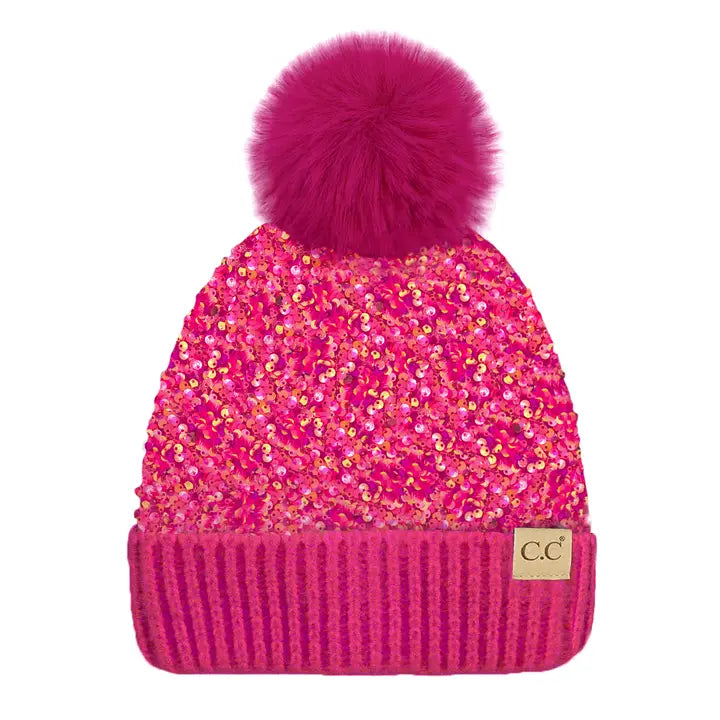 KIDS SEQUIN BEANIE WITH FAUX FUR POM