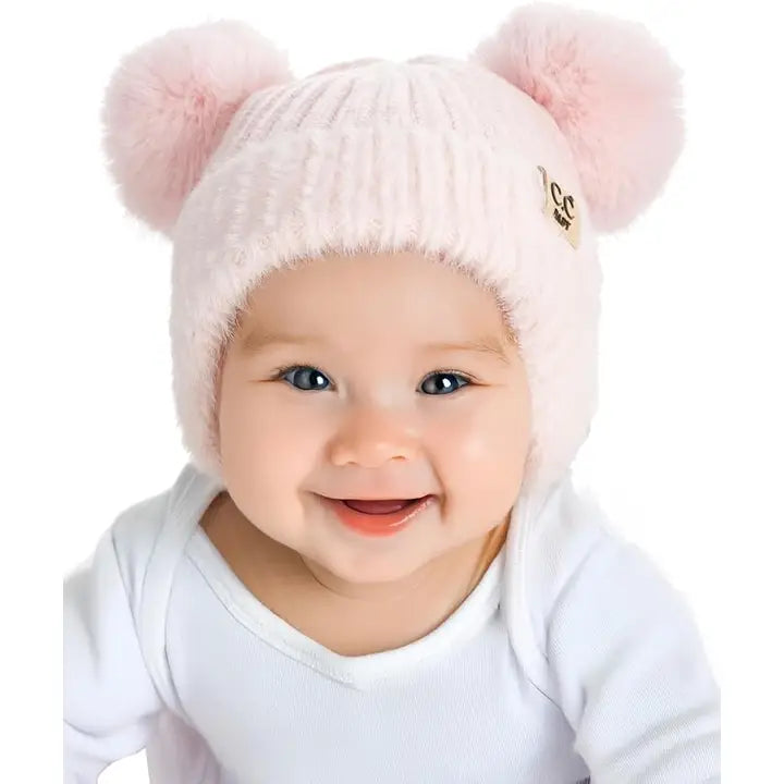 INFANT DOUBLE POM CHENILLE BEANIE WITH EARFLAP LIGHT PINK